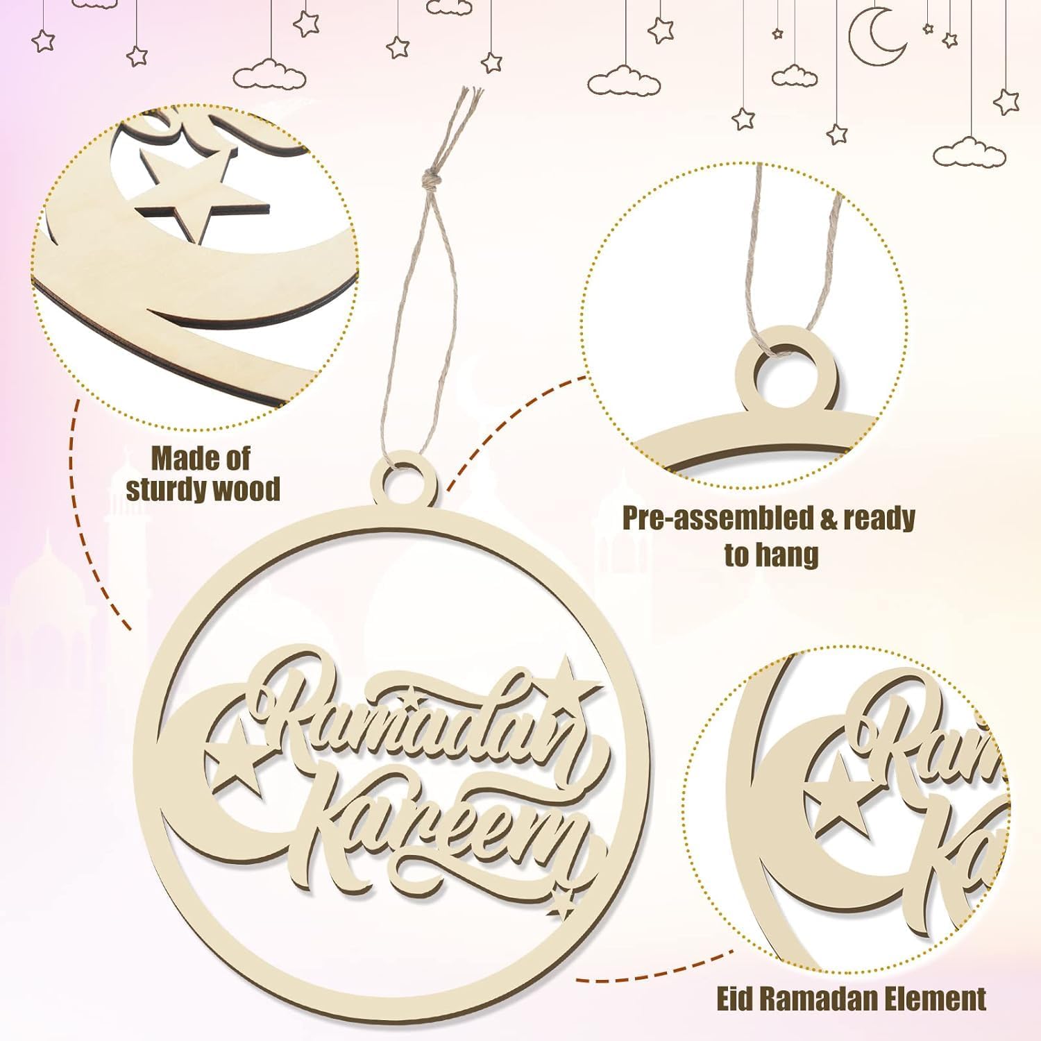 Eid Mubarak Decoration Wooden Ramadan Kareem Door Sign Round Eid Al Fitr Ramadan Hollow Wood Door Hanging Sign Islam Mubarak Wood Wall Pendant for Muslim Home Room Happy Ramadan Mubarak Party Supplies