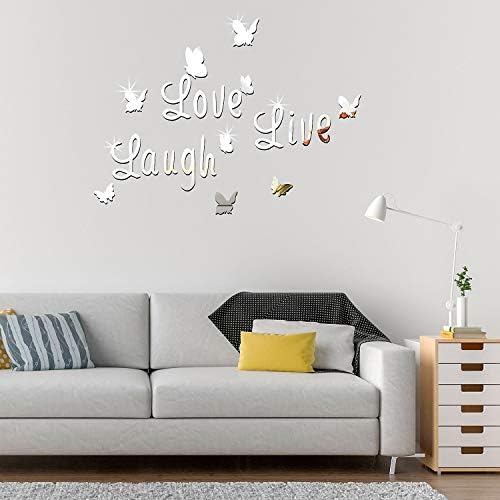 3D Acrylic Mirror Butterfly Stickers Silver Love Live Laugh Butterfly Wall Letters Butterfly, Home Decoration Decal