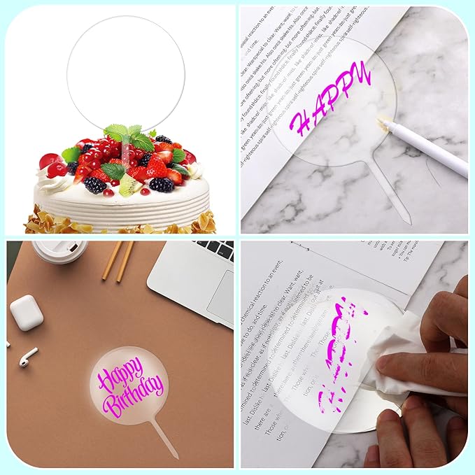 Acrylic Cake Toppers – 4pcs Reusable Crystal Clear Large Cake & Cupcake Toppers with Sticks for Birthday, Wedding, Anniversary & Party Celebrations