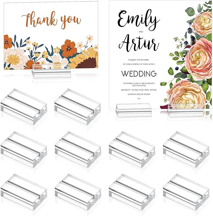 Clear Acrylic Stands – 10 Pack Place Card Holders, Table Number & Business Card Display Holders for Weddings, Dining Tables, Shops & Offices