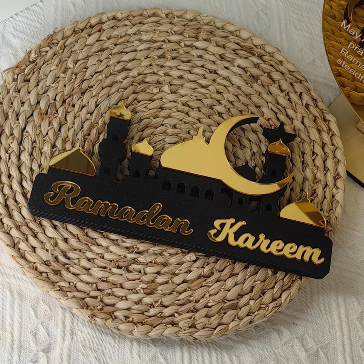 Ramadan Kareem Wooden Acrylic Desk Decor – Ramadan Decoration with Crescent Moon, Star Castle, Perfect for Eid Home Decor, Elegant Gift for Family Friends