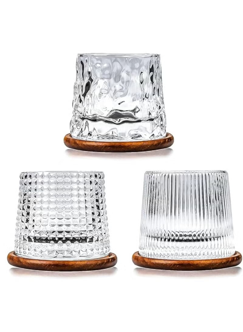 Set of 3Pcs Rotatable Tumbler Crystal Glass Cups 160ML Drinking Glasses with Creative Walnut Coasters