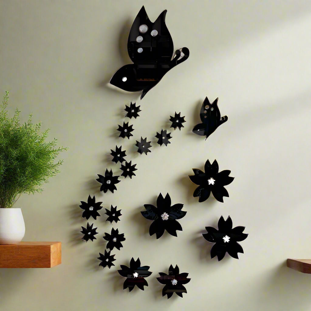Butterflies & Flowers Acrylic Mirror - Modern Home Decoration [21 pieces]