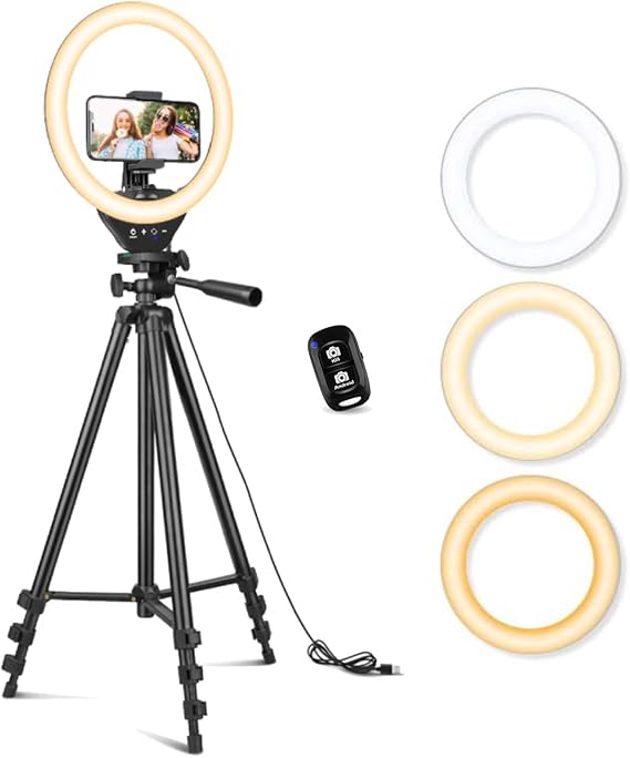 Sensyne 10'' Ring Light with 50'' Extendable Tripod Stand, LED Circle Lights with Phone Holder for Live Stream/Makeup/YouTube Video/TikTok, Compatible with All Phones