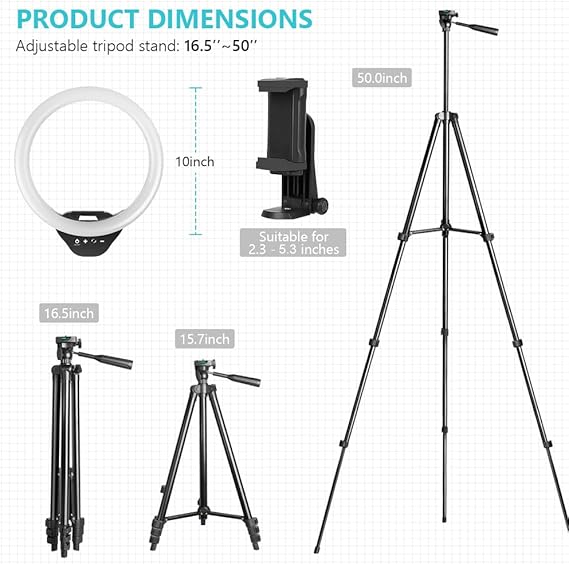 Sensyne 10'' Ring Light with 50'' Extendable Tripod Stand, LED Circle Lights with Phone Holder for Live Stream/Makeup/YouTube Video/TikTok, Compatible with All Phones