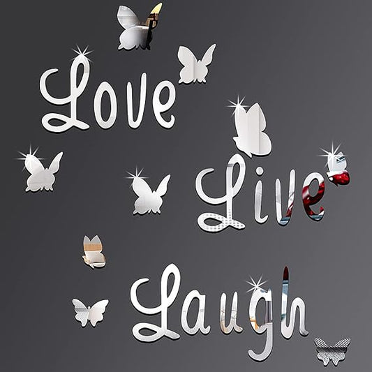 3D Acrylic Mirror Butterfly Stickers Silver Love Live Laugh Butterfly Wall Letters Butterfly, Home Decoration Decal