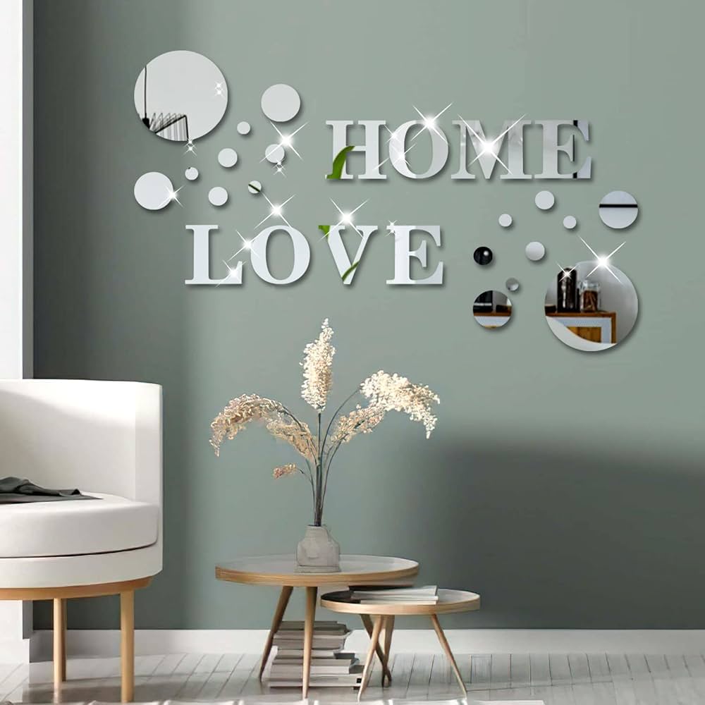 26 Pieces Acrylic 3D Wall Decor Home Sign & Love Letters and Round Shaped,DIY Mirror Effect Wall Decals Removable Decor for Living Room Bedroom TV Background,Modern Fashion Home Decoration