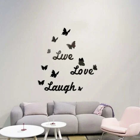 3D Acrylic Mirror Butterfly Stickers Silver Love Live Laugh Butterfly Wall Letters Butterfly, Home Decoration Decal