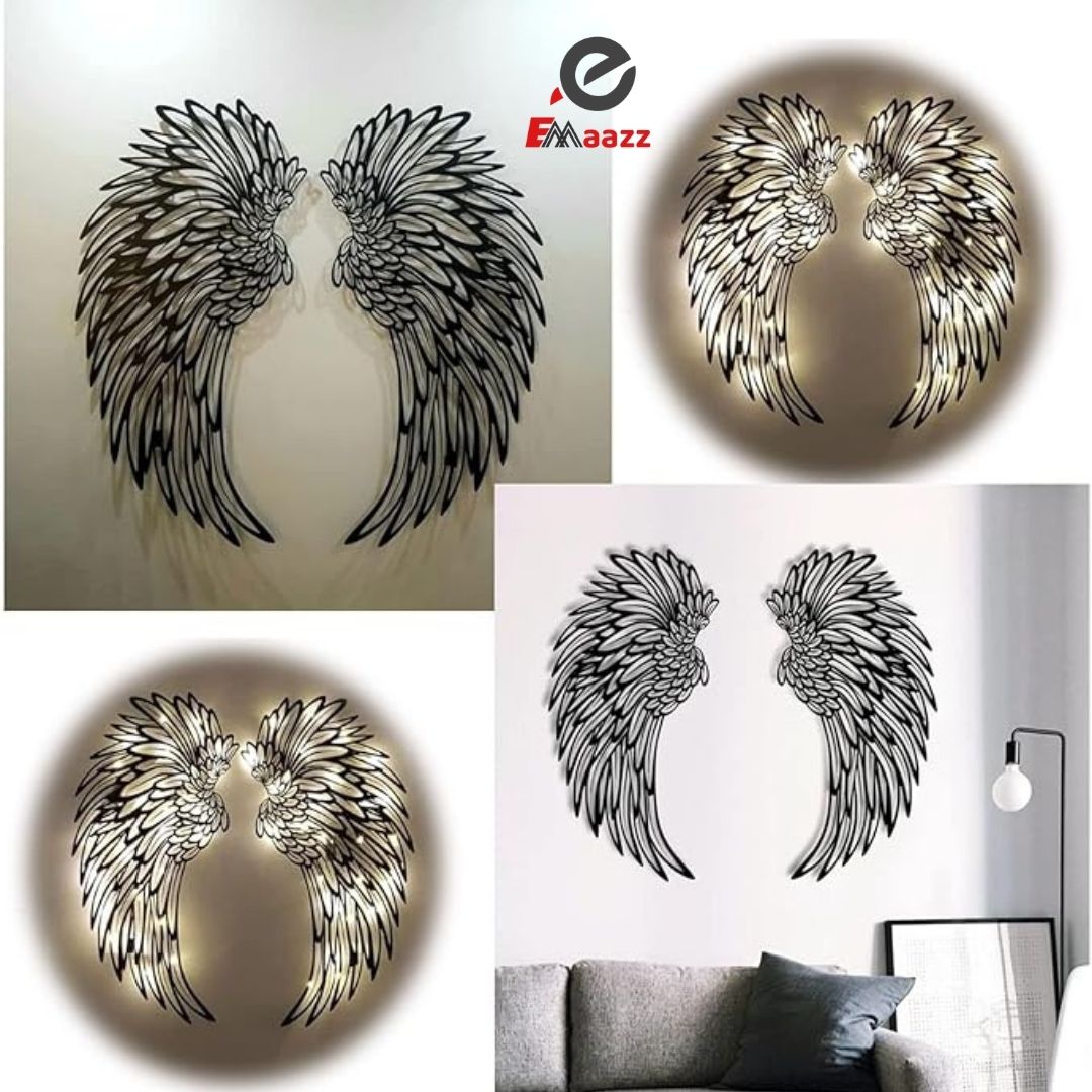 1 Pair Angel Wings | Wall Art Decor with Led Lights | 3D Angel Wings Wall Sculptures Decor | DIY Wall Art Hanging Decor, for Home &amp; Office