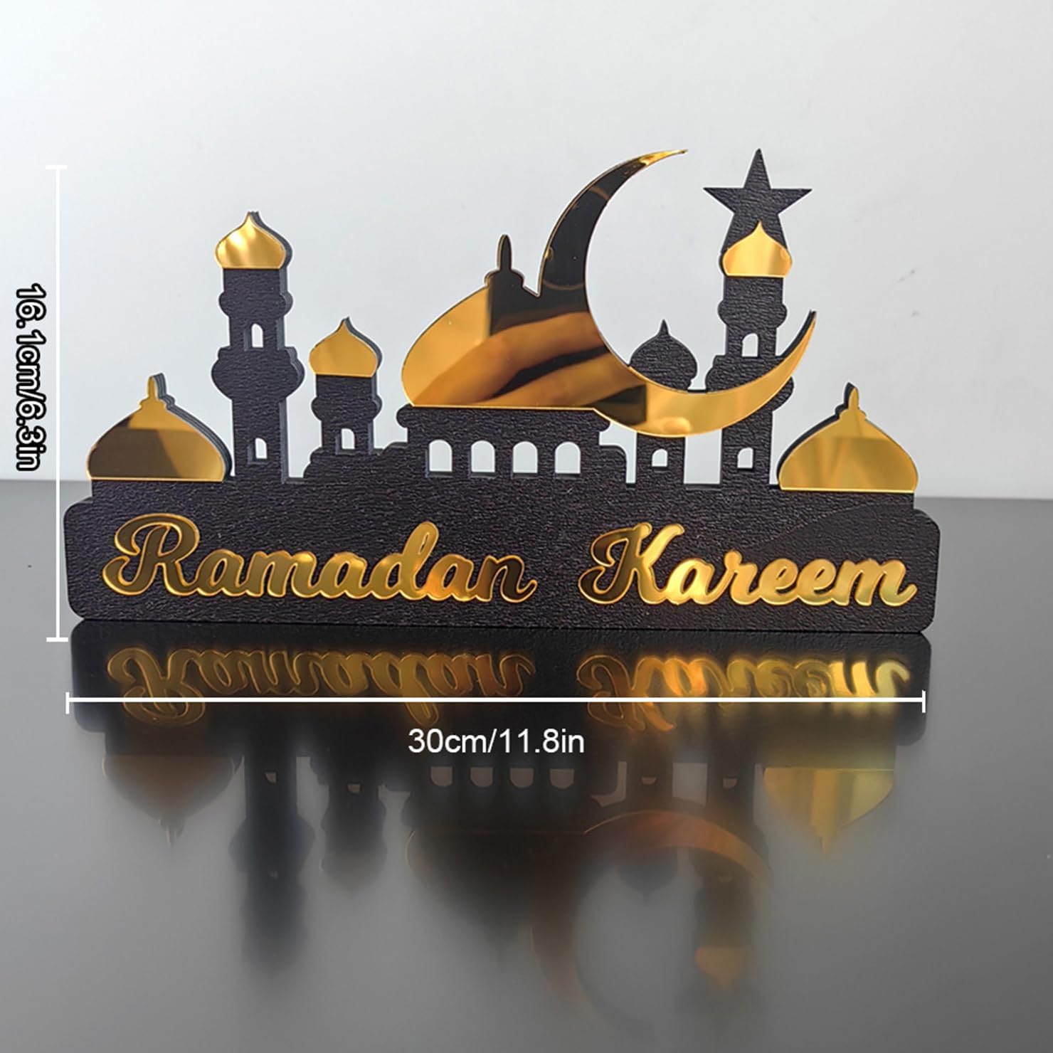 Ramadan Kareem Wooden Acrylic Desk Decor – Ramadan Decoration with Crescent Moon, Star Castle, Perfect for Eid Home Decor, Elegant Gift for Family Friends
