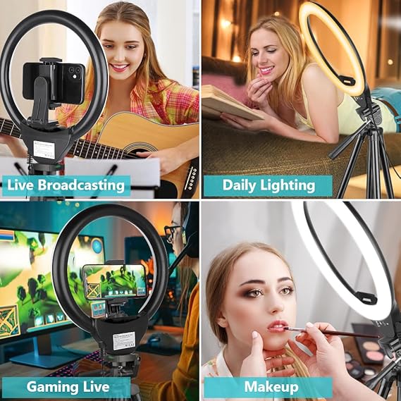 Sensyne 10'' Ring Light with 50'' Extendable Tripod Stand, LED Circle Lights with Phone Holder for Live Stream/Makeup/YouTube Video/TikTok, Compatible with All Phones