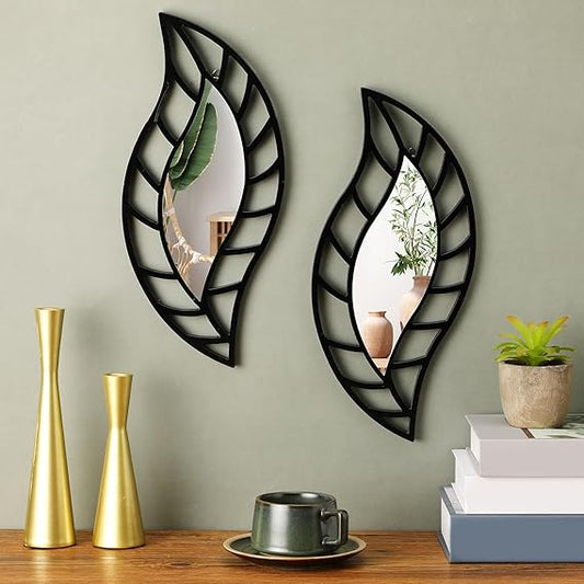 2 Pcs Small Mirror Wall Decor Mounted Art Leaf Mirror Decorative Teardrop Mirror Wall Decorations for Living Room Bedroom Bathroom Vanity Entryway Office(Black)