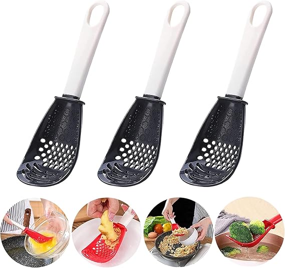 6in1 Multifunctional Cooking Spoon - Kitchen Gadgets Strainer for egg yolk Separator- Grater Masher- Colander Skimmer Scoop- for Mashing, Grating, Draining, Heat Resistant - 3 Pack (Color Mixing)