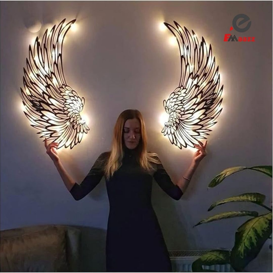 1 Pair Angel Wings | Wall Art Decor with Led Lights | 3D Angel Wings Wall Sculptures Decor | DIY Wall Art Hanging Decor, for Home &amp; Office