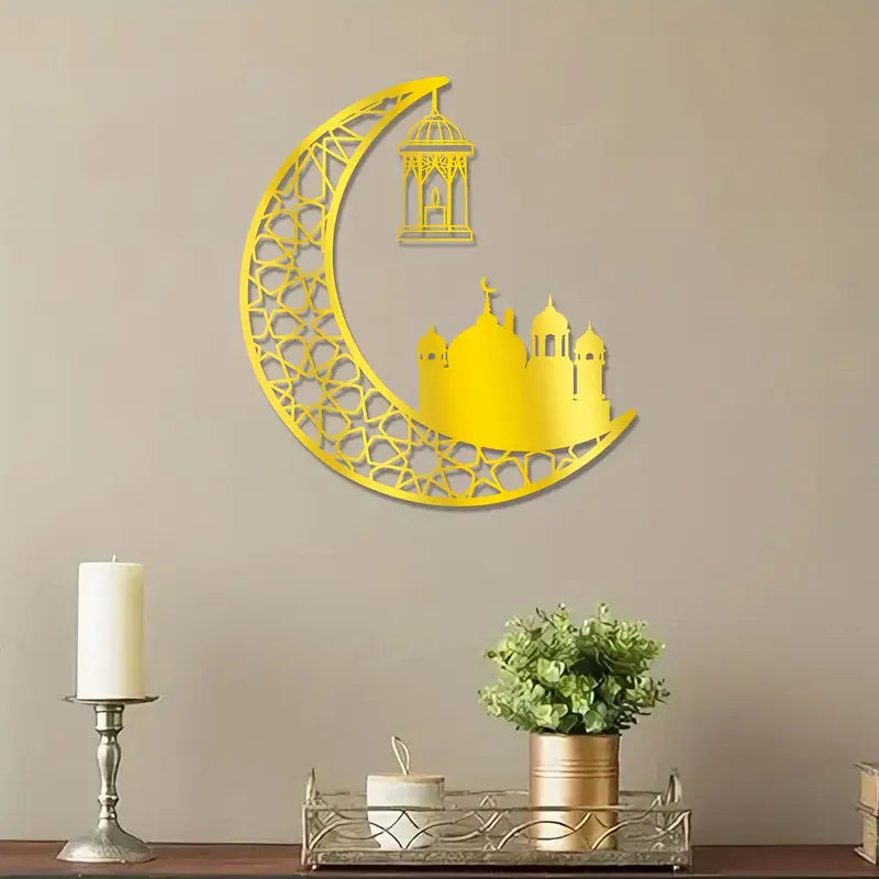 Ramadan Moon with Beautiful Mosque In Gold Color Acrylic wall Art