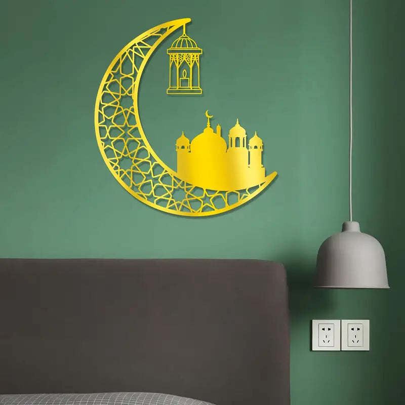 Ramadan Moon with Beautiful Mosque In Gold Color Islamic wall Decor 