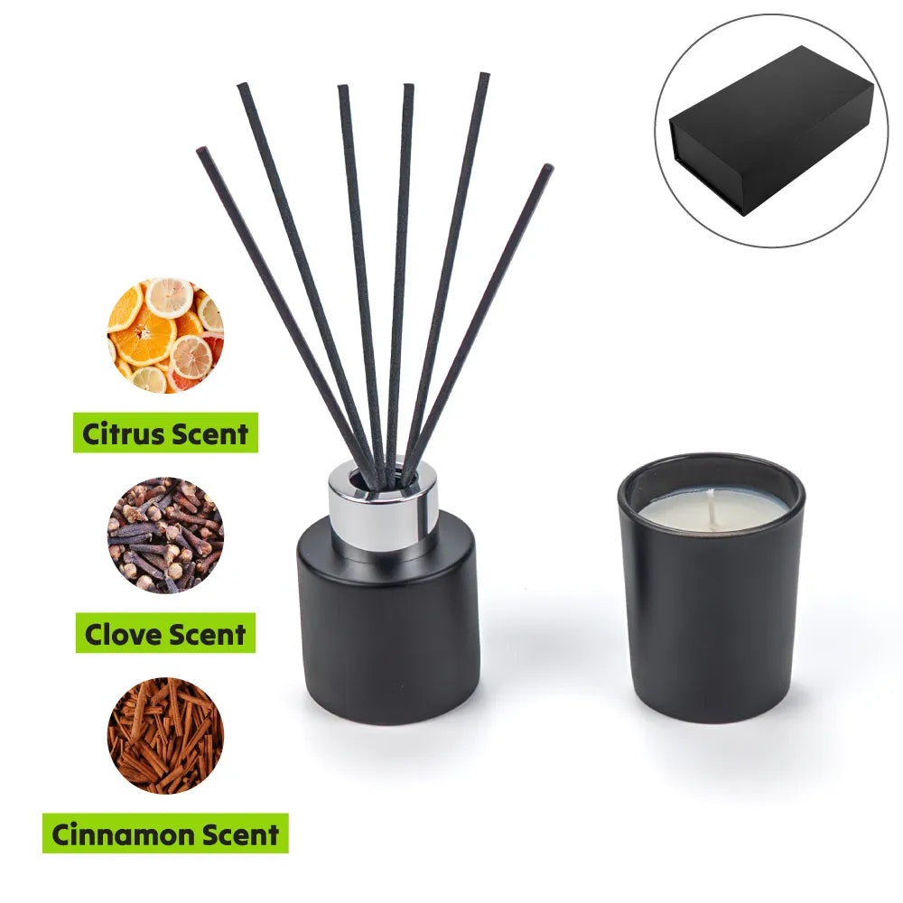 Luxury Matte Black Scented Candle and Aroma Reed Diffuser Set