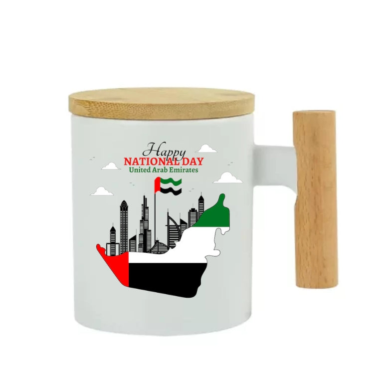 Ceramic Coffee Mug with Bamboo Handle & Lid – Elegant, Eco-Friendly Drinkware - Customized UAE National Day