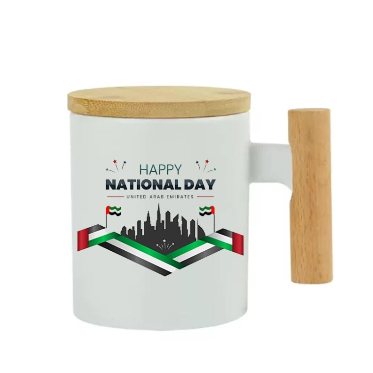 Ceramic Coffee Mug with Bamboo Handle & Lid – Elegant, Eco-Friendly Drinkware - Customized UAE National Day