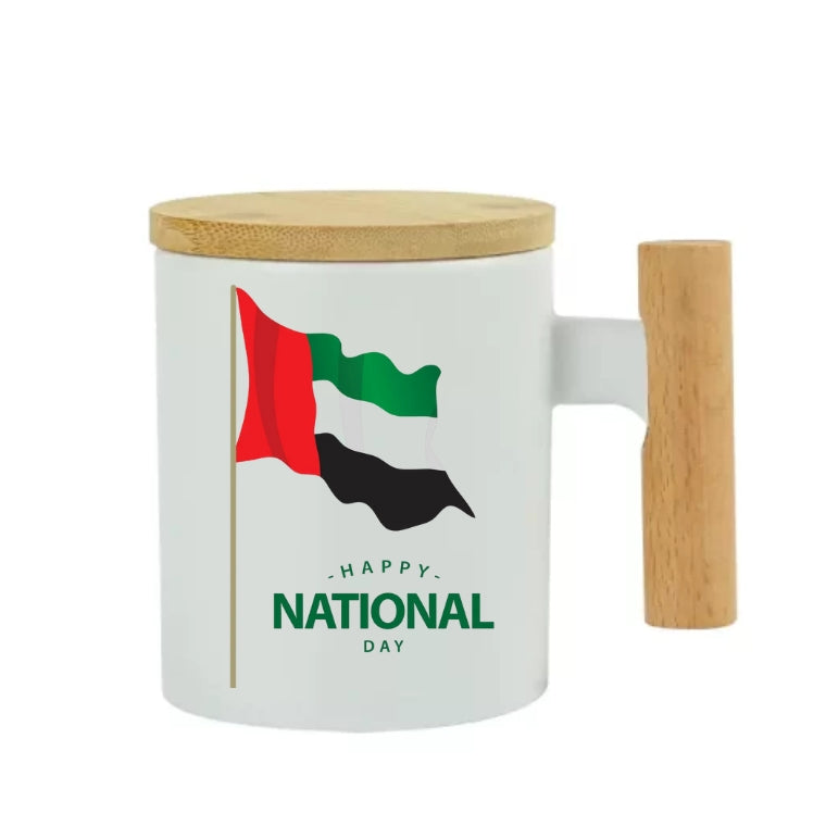 Ceramic Coffee Mug with Bamboo Handle & Lid – Elegant, Eco-Friendly Drinkware - Customized UAE National Day