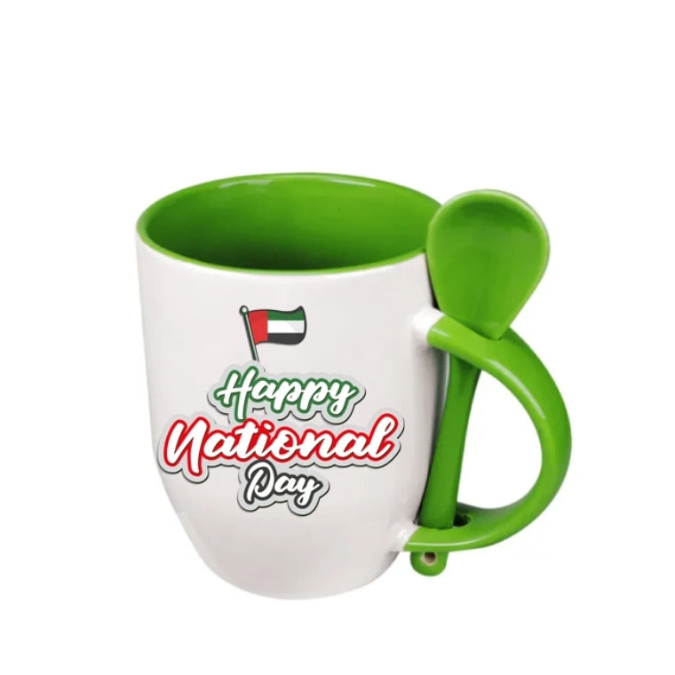 Two-Tone Ceramic Mug with Spoon – 11 oz Coffee & Tea Cup - Customized UAE National Day