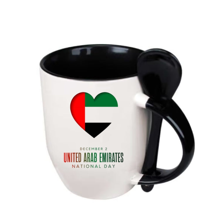 Two-Tone Ceramic Mug with Spoon – 11 oz Coffee & Tea Cup - Customized UAE National Day