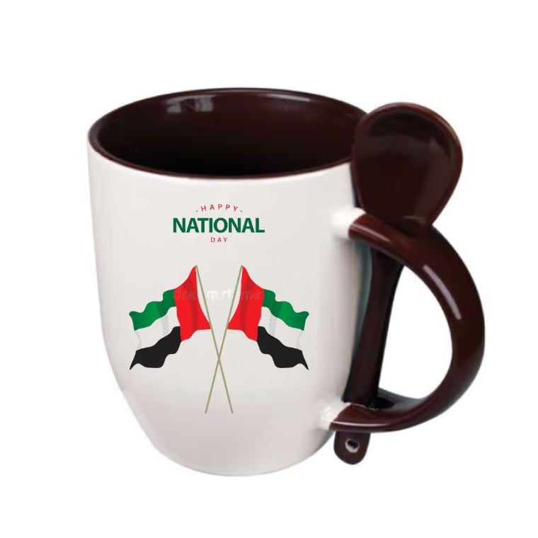 Two-Tone Ceramic Mug with Spoon – 11 oz Coffee & Tea Cup - Customized UAE National Day