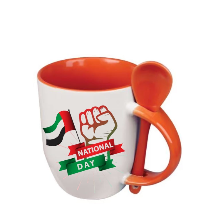 Two-Tone Ceramic Mug with Spoon – 11 oz Coffee & Tea Cup - Customized UAE National Day