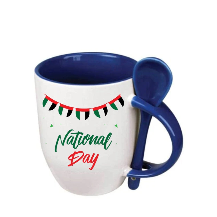 Two-Tone Ceramic Mug with Spoon – 11 oz Coffee & Tea Cup - Customized UAE National Day