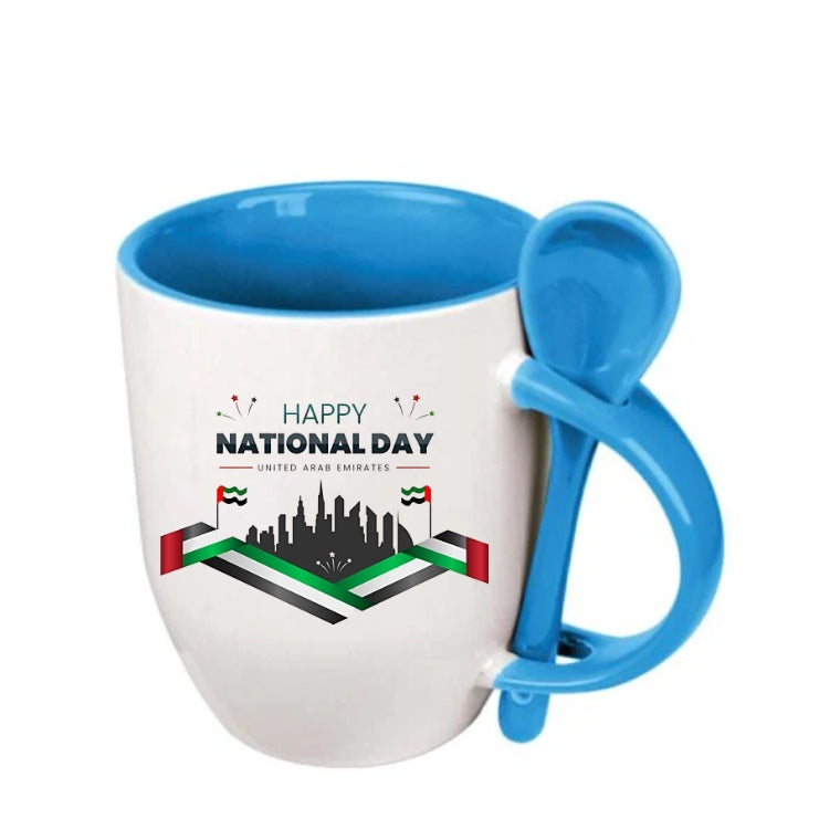 Two-Tone Ceramic Mug with Spoon – 11 oz Coffee & Tea Cup - Customized UAE National Day
