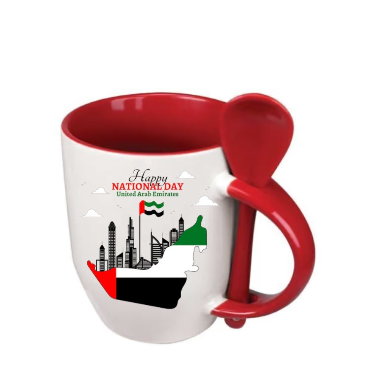Two-Tone Ceramic Mug with Spoon – 11 oz Coffee & Tea Cup - Customized UAE National Day