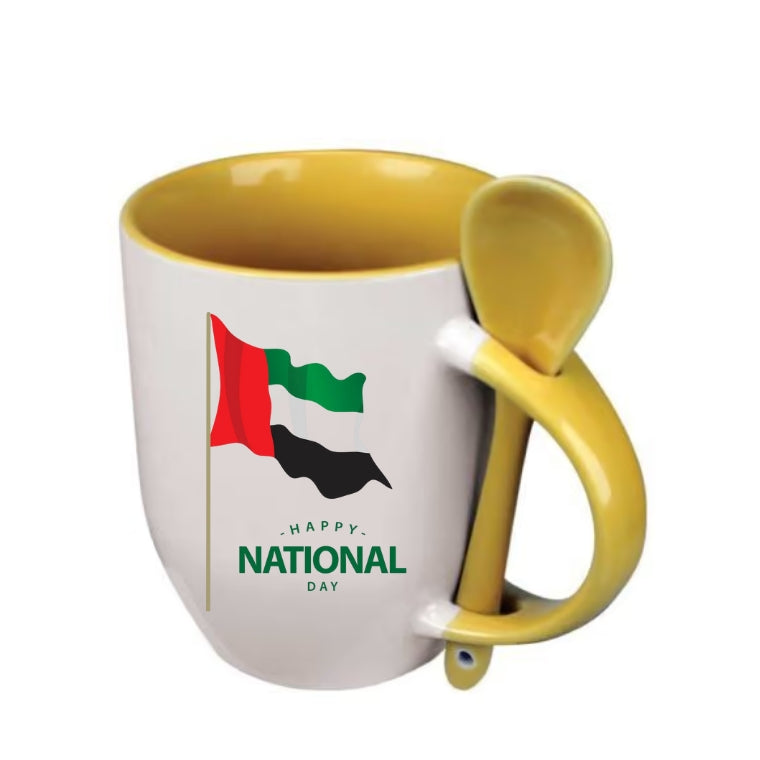 Two-Tone Ceramic Mug with Spoon – 11 oz Coffee & Tea Cup - Customized UAE National Day