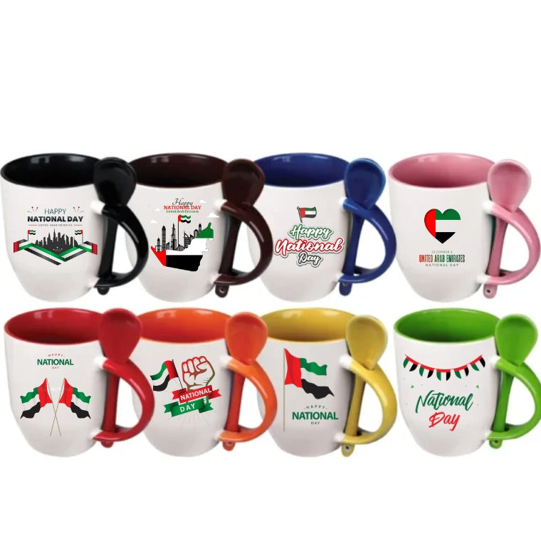 Two-Tone Ceramic Mug with Spoon – 11 oz Coffee & Tea Cup - Customized UAE National Day