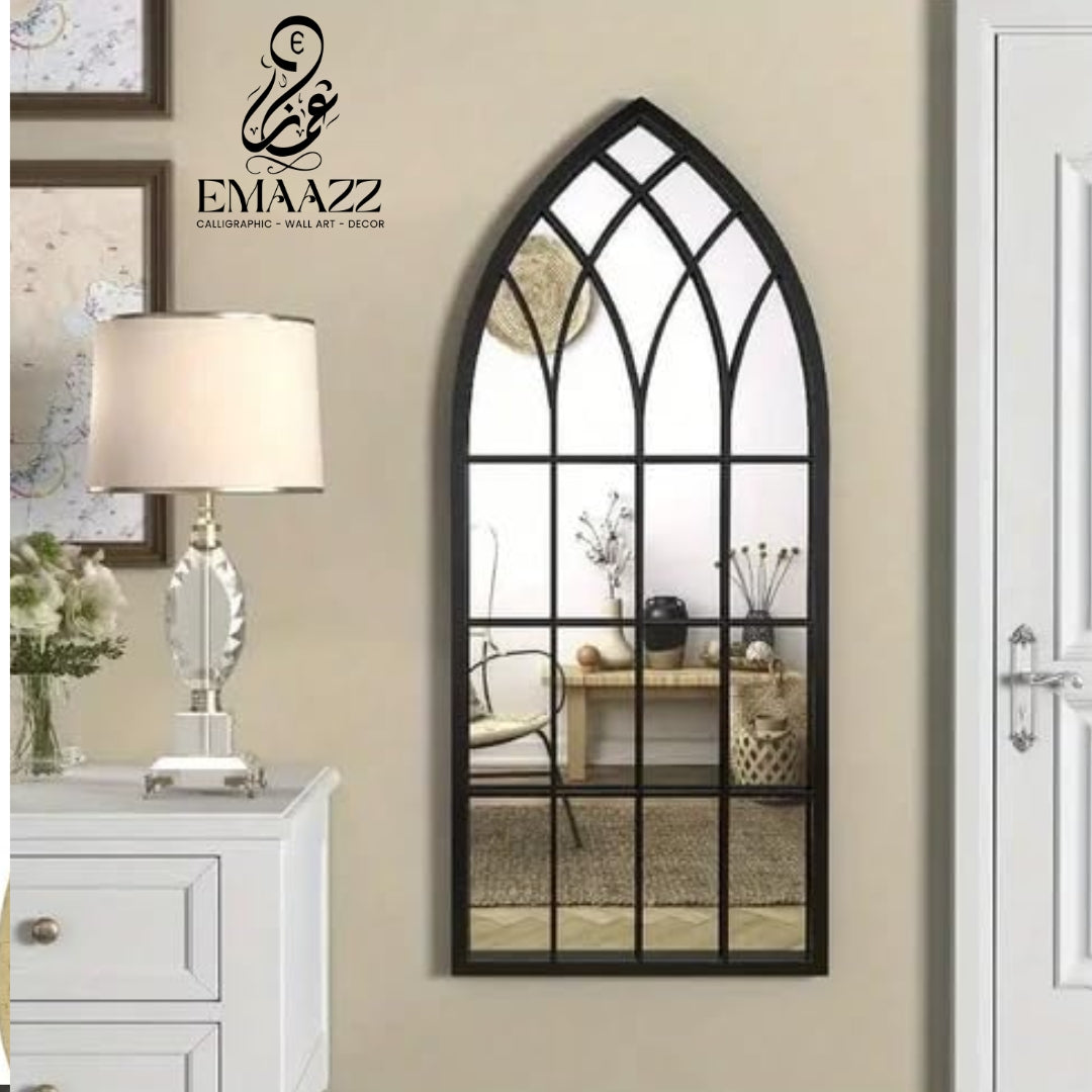 Large Gothic Black Arched Wall Mirror with Floral Wooden Signs | Emaazz