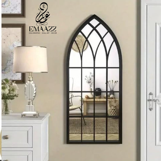 Large Gothic Black Arched Wall Mirror with Floral Wooden Signs | Emaazz