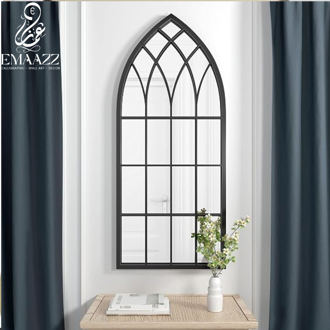 Large Gothic Black Arched Wall Mirror with Floral Wooden Signs | Emaazz