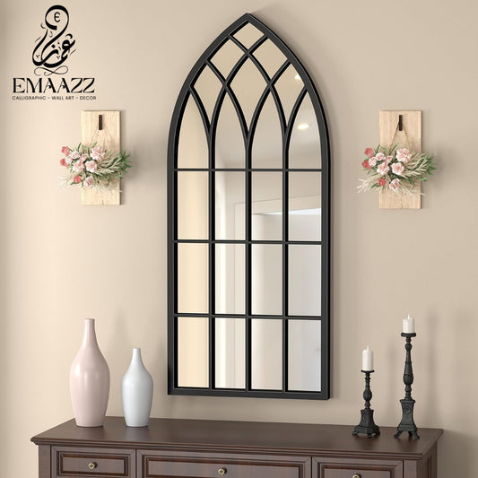 Large Gothic Black Arched Wall Mirror with Floral Wooden Signs | Emaazz