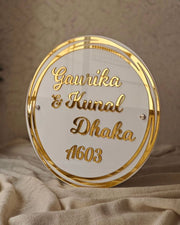 Custom Round Family Name Plate – Elegant White & Gold Ring Design