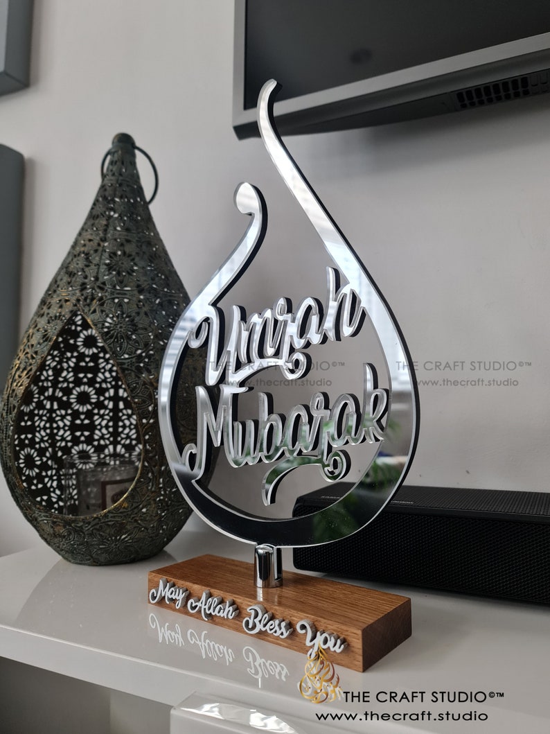 Umrah Mubarak Gifts. Contemporary Hand-carved Mirror with Solid Real Oak Stand